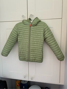 SAVE THE DUCK Light Olive Green Kids Puffer Jacket with Hood